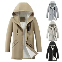 Winter Hooded Parkas Men Windbreaker Coat Thickened Fleece Lining Hooded Jacket Men Zipper Mid-Length Overcoat куртка мужская