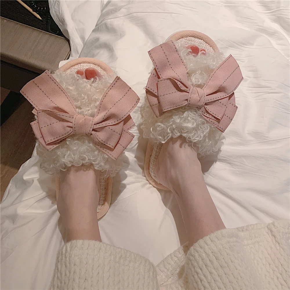 Plush Wool Slippers Female 2021 Autumn Winter Fashion Indoor Home Anti Slip Cotton Slippers Bow Slippers