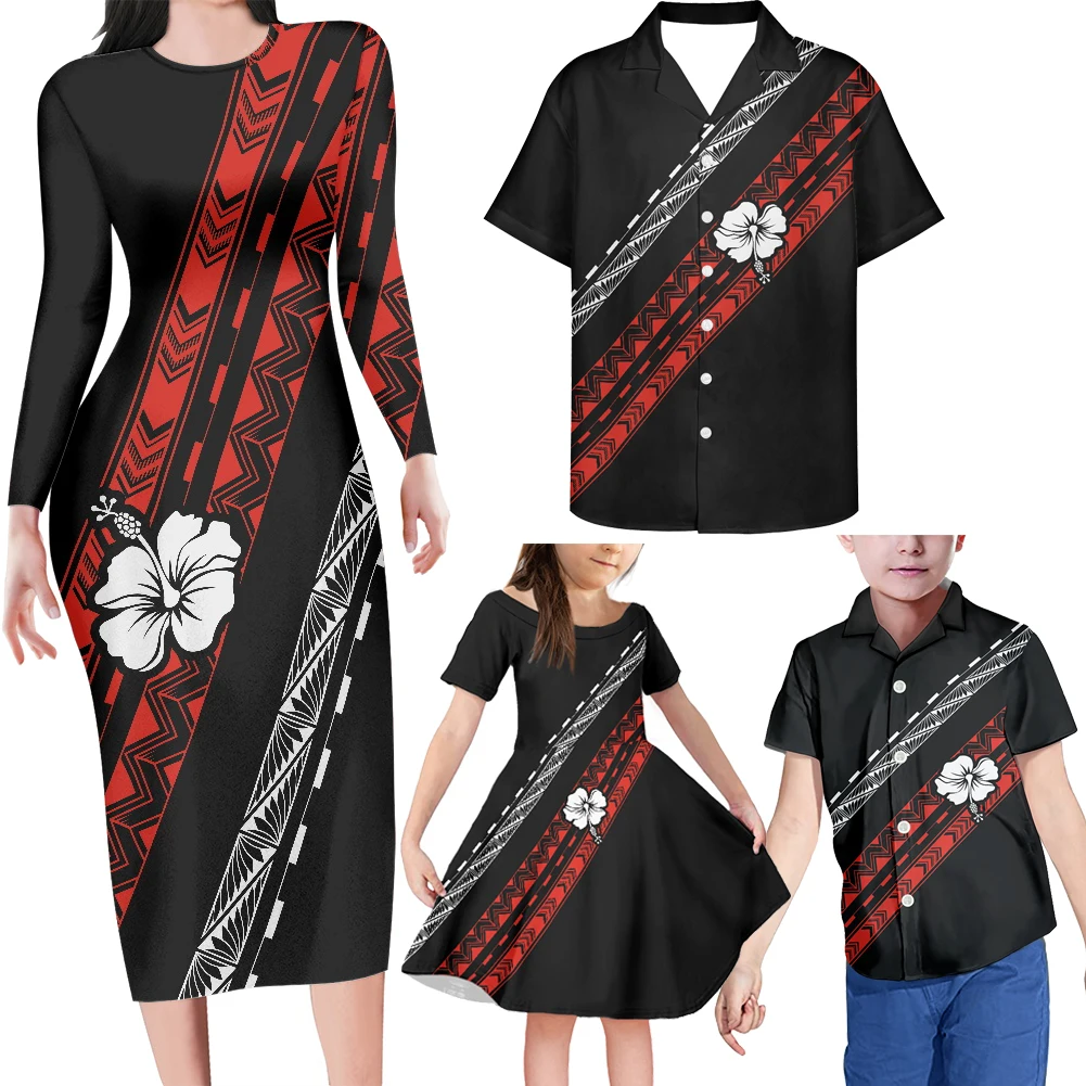 

HYCOOL Wholesale Black Polynesian Tribal Clothing Family Set Plus Size Matching Couple Shirts Mom And Daughter Long Sleeve Dress