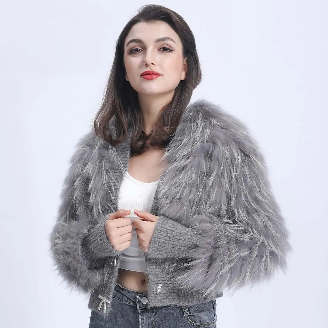 Short V-necked Raccoon Fur Coat Stripe Together Warm Thick Sweet Knitted Sweater