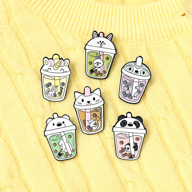 Bubble Milk Tea Enamel Pins Animal Cup Lid Super Cute Brooches Badges Clothes Bag Lapel Pin Cartoon Jewelry Gift for Friends