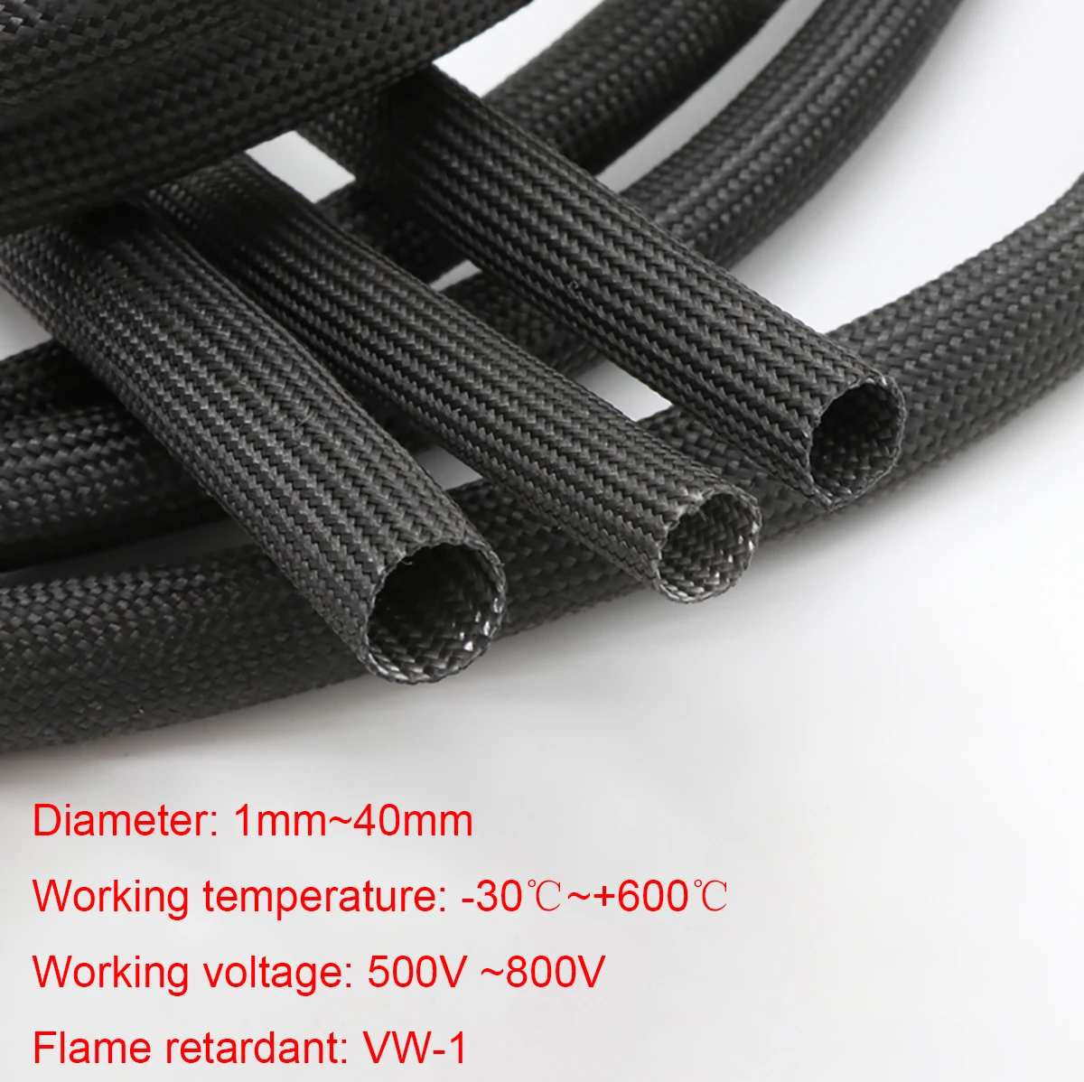 1/2/5M Diameter 1mm - 30mm Black Braided Soft Fiber Tubing Insulation Cable Sleeving Fiberglass Tube 600°C High Temperature