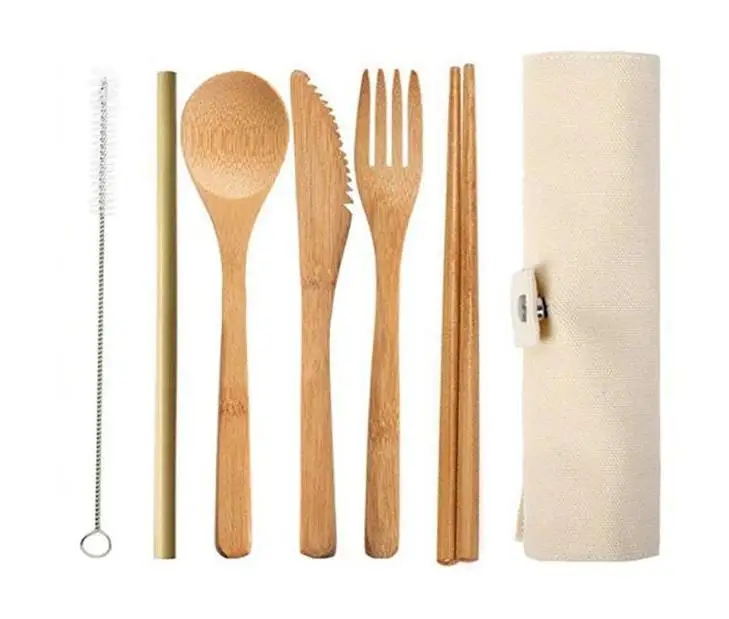 

Hot Bamboo Cutlery 7pcs/set Spoon Fork Knife Tableware Set With Cloth Bag Eco-friendly Portable Utensil Tableware Set Wholesale