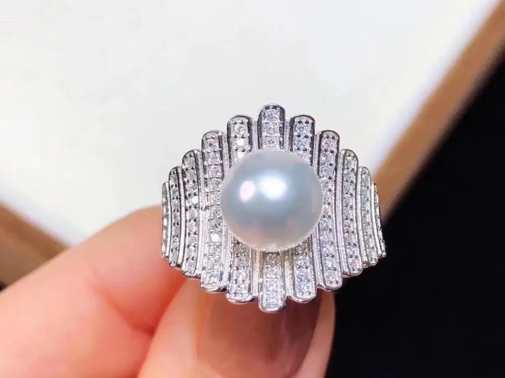 

D915 Pearl Ring Fine Jewelry 925 Sterling Silver Round 10-11mm Nature Fresh Water White Pearls Rings for Women Fine Presents