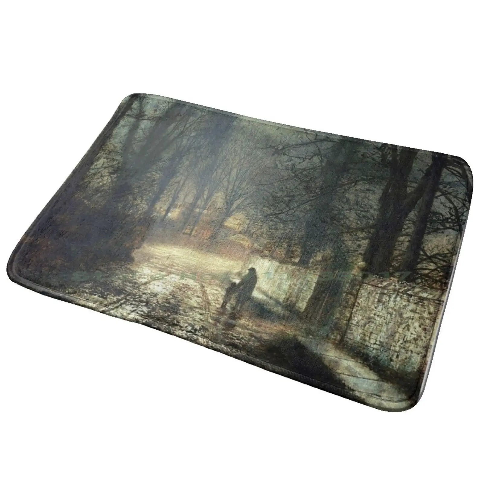 Moonlit Landscape Village In Sunset , Oil Based Paint Entrance Door Mat Bath Mat Rug William Morris Pattern William Morris