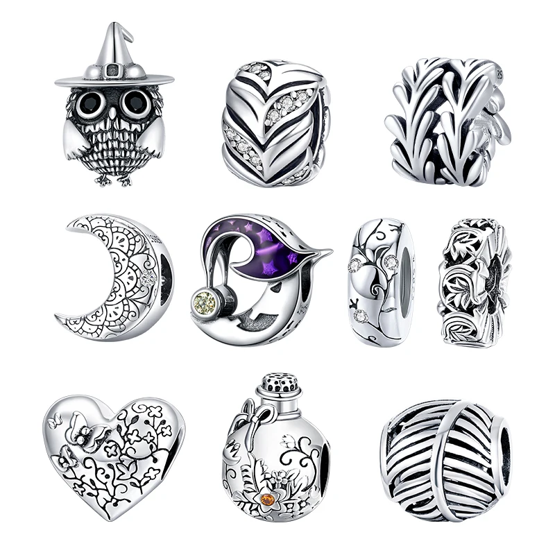 

bamoer Genuine 925 Sterling Silver Halloween Owl Original CZ silver Charm for Brand Female DIY Bracelet Jewelry make SCC1616