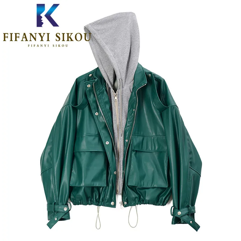 

Fashion Spliced PU Leather Jacket Women Autumn Hooded Short Motorcycle Coat Pocket Zipper Loose Soft Faux Leather Jackets Female