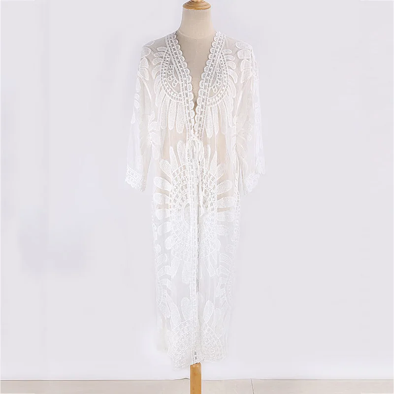 FORERUN Ren Che Nữ Trắng Bãi Biển Đầm Trong SuốT Hoa Đầm Mùa Hè Sexy Dài Áo Khoác Cardigan Kimono Pareo Đầm Vestido De Playa