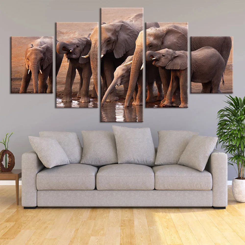 Canvas Painting Sunset elephant 5 Piece Picture Wall Art Prints Modular Cuadros Póster Home Decor