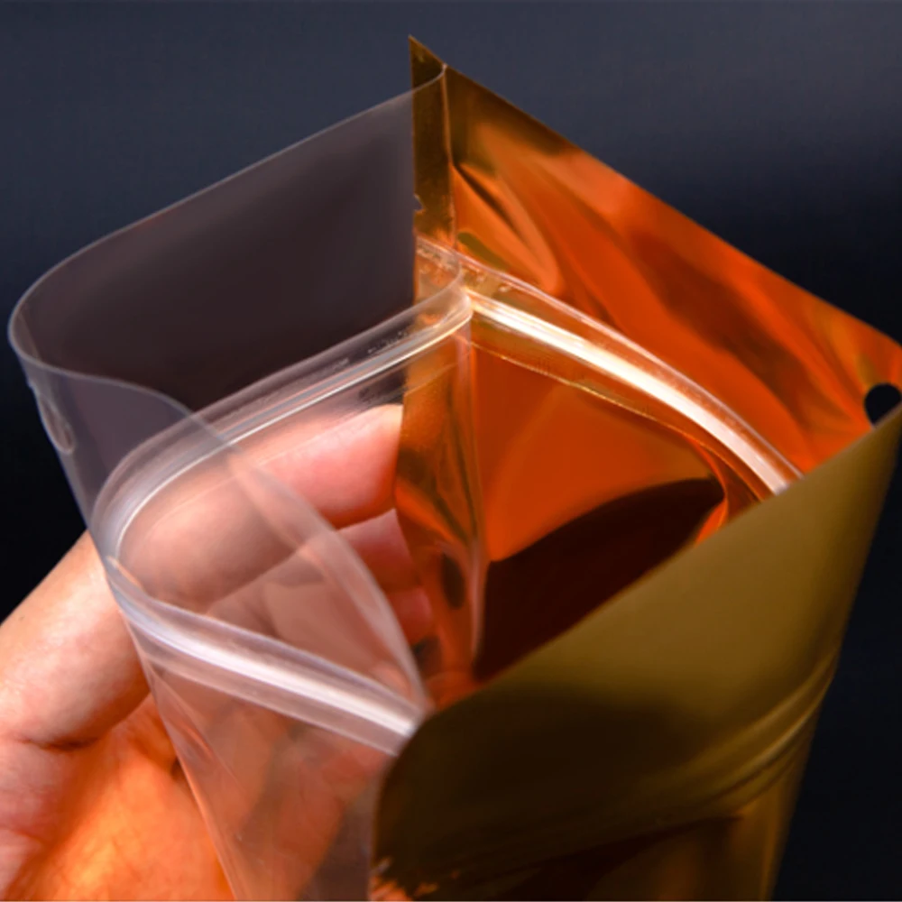 100Pcs Gold Aluminum Foil Clear Bag Zip Lock with Hang Hole Stand Up Tear Notch Reusable Food Nut Candy Packaging Pouches