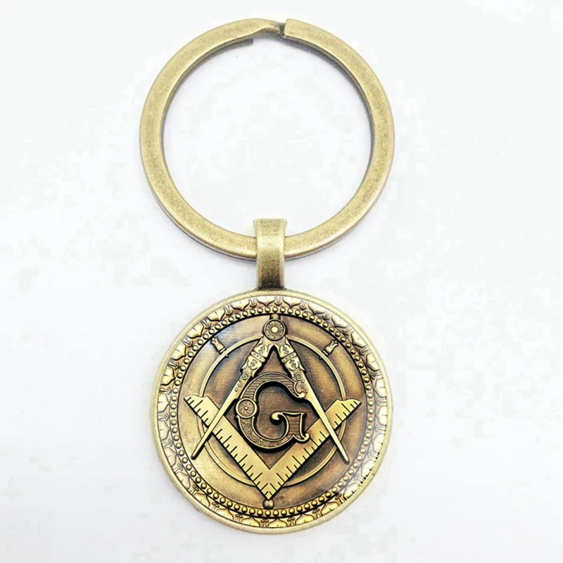 Vintage Bronze Masonic Masonic Design Glass Convex Round Key Chain Men and Women Gift Jewelry