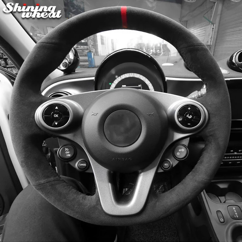 

Shining wheat Black Suede Hand Sew Car Steering Wheel Cover for Smart New Fortwo Forfour 2015-2017