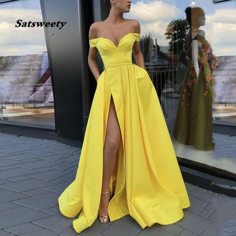 Gaun Malam Kuning dengan Saku A-line V-neck Off Shoulder Slit Islamic Dubai Arab Saudi Gaun Malam Panjang Elegan