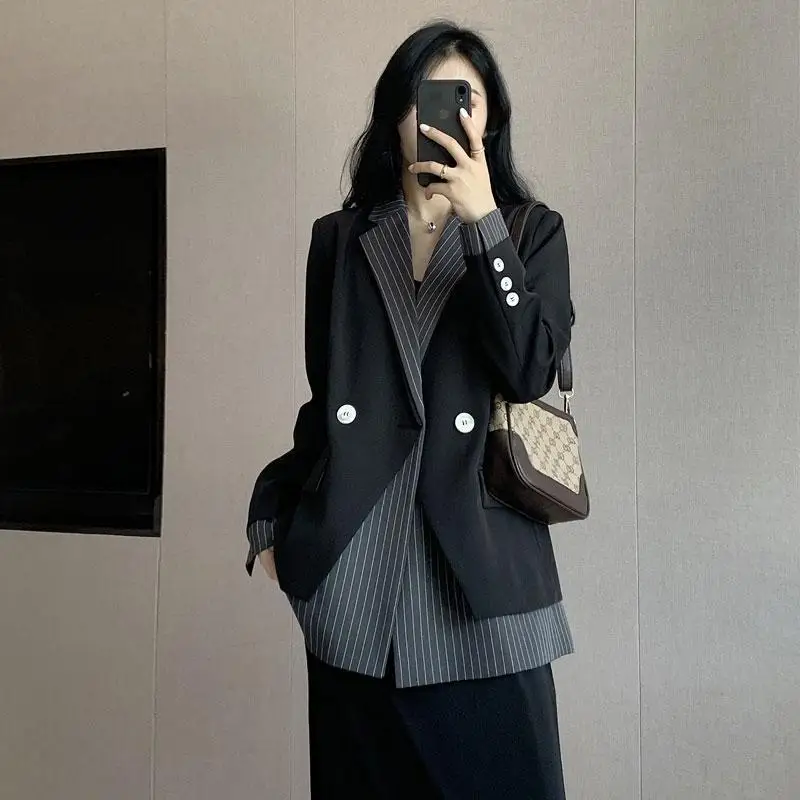 Women\'s Casual Black Blazer, Patchwork Jacket, Office Coats, Autumn, New Arrivals, 2024