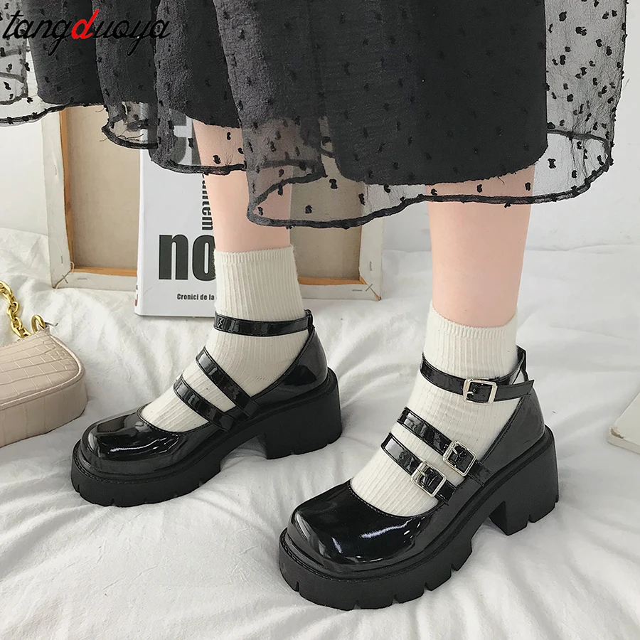 Japanese Style Lolita Shoes for Girls Women JK Black Gothic Thicken College Student cosplay costume High Heel Round Toe Shoes