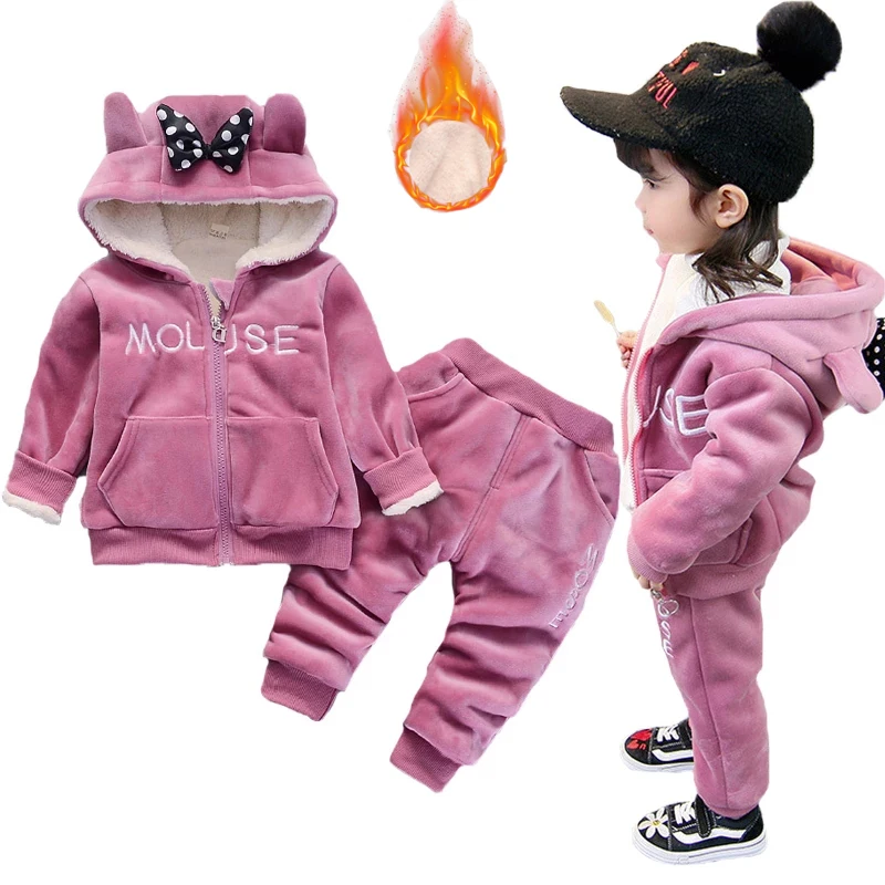 2023 New Winter Mouse Letter Thick Keep Warm Girls Clothing Set velluto peluche fodera giacca con cappuccio + pantaloni 2 pezzi Outfit