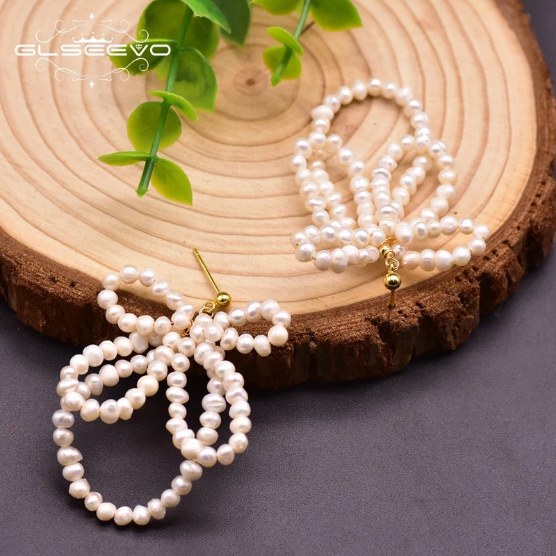 GLSEEVO Handmade Natural Freshwater Pearl Bowknot Pendant Earrings Exaggerated Girl Wedding Cute Ladies Jewelry Brincos GE0953