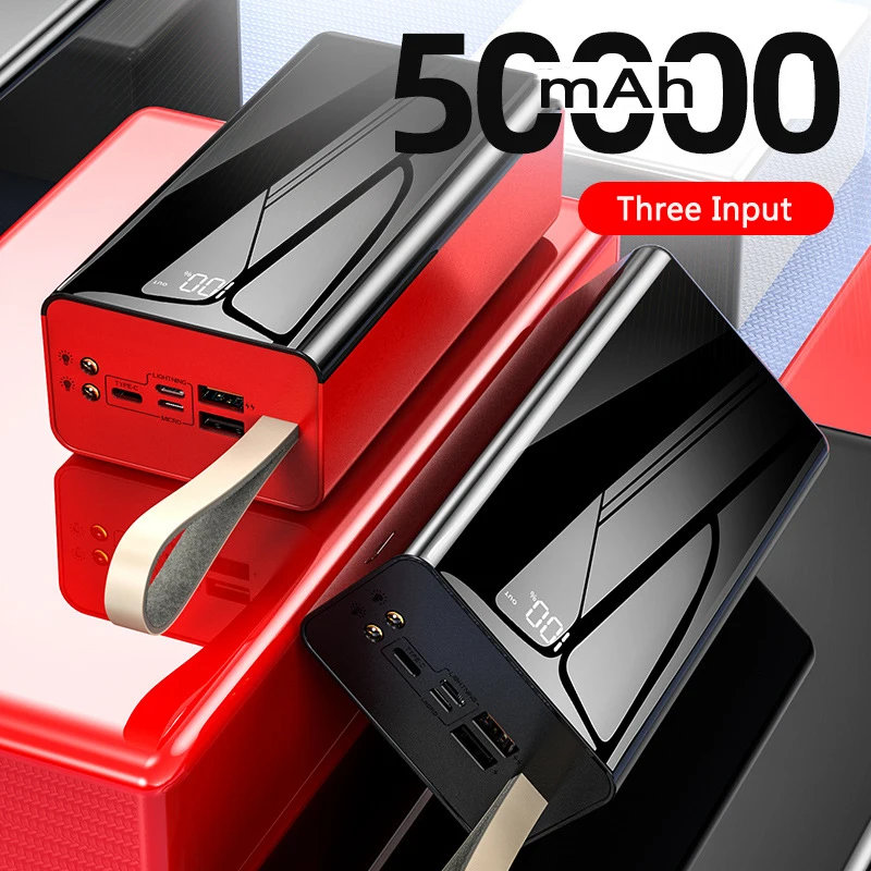 Power Bank portabel, dengan pengisi daya senter, baterai USB Tipe C UNTUK iPhone 14 Samsung S20 Xiaomi Mi 50000mAh