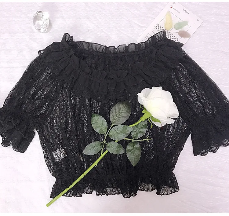Fresh mori sweet lolita top kawaii girl peter pan collar white/black lace victorian shirt loose chiffon lolita shirt loli cos