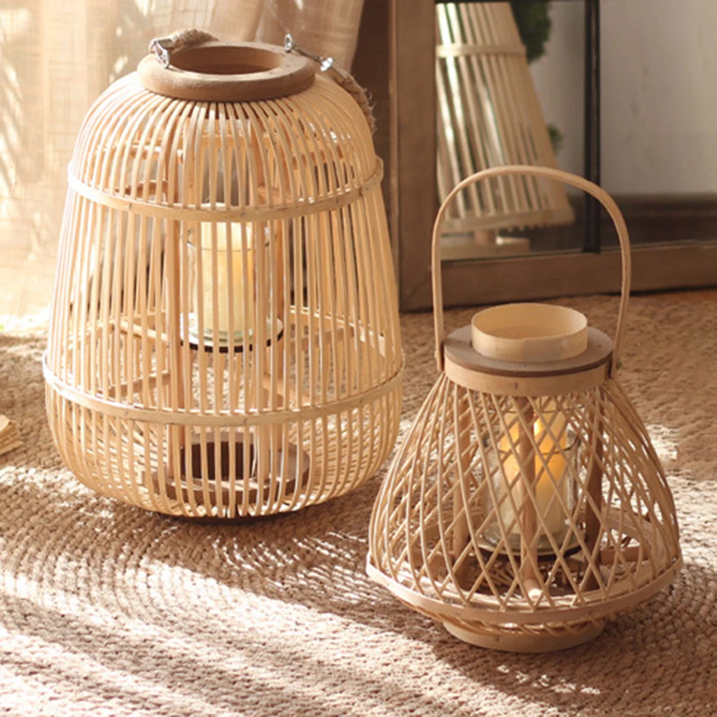 Vintage Style Bamboo Rattan Lantern Hand Woven Hollow Candlestick Candle Holder Stand Crafts for Weddings Parties Patio Events