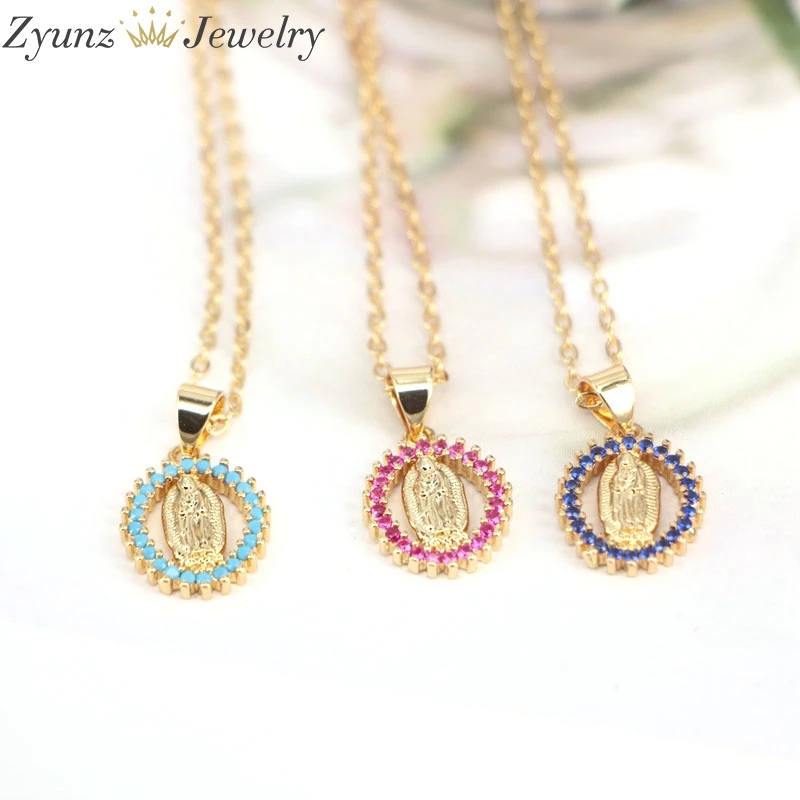 10PCS, Charm CZ Micro Pave Jesus Oval Pendants Necklace Fashion Multi Color CZ Chain Necklace Religious Jewelry