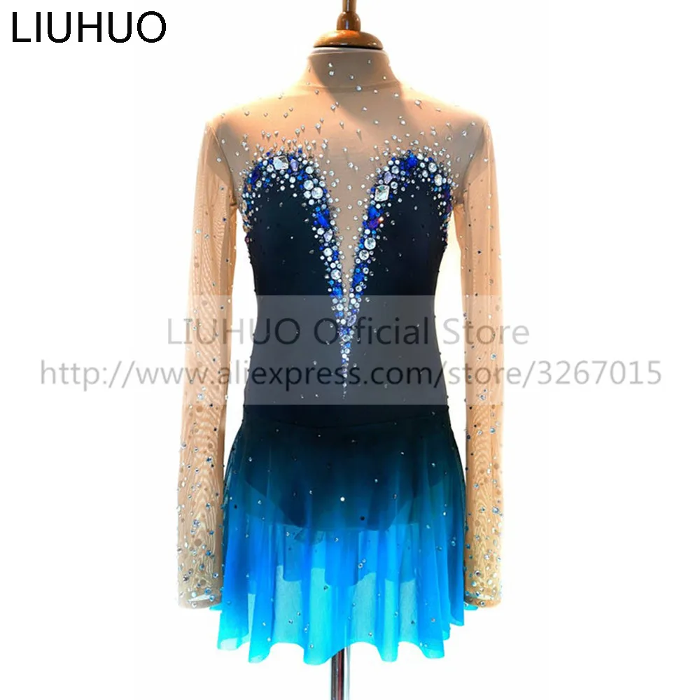 LIUHUO Women\'s Girls\'  Adult Kid Performance Ballet Rhythmic Gymnastics Competition Leotard Ice Figure Skating Dress Dance Blue