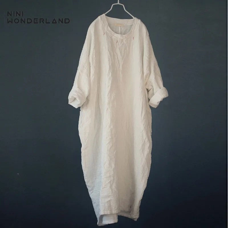 NINI WONDERLAND Autumn Cotton Loose Robe Dress Spring Women Long Sleeve Casual Big Size Dress 2023 Vintage Red Dresses White