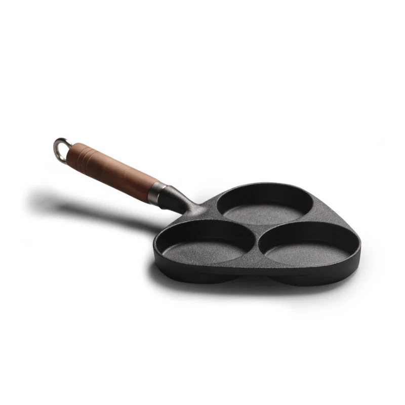 Uncoated Cast Iron Three-holes Egg Frying Pan with Wooden Handle