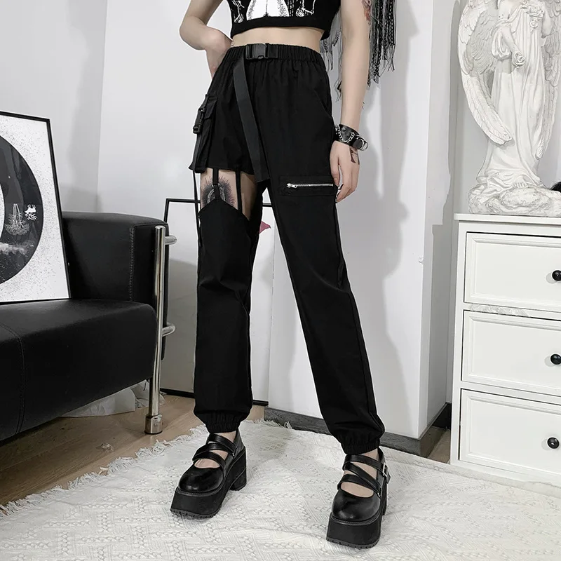 Girl Harajuku Streetwear Black Cargo Pants Women Grunge Hollow Out Zipper High Waist with Pocket Belt Casual Gothic Trousers