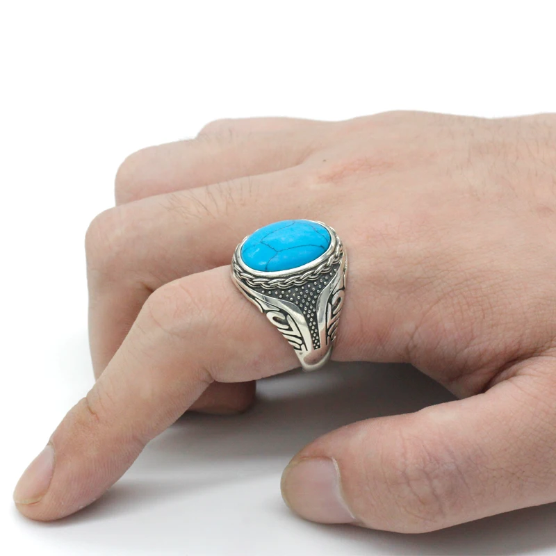 Hot Sale 925 Sterling Silver Ring Vintage Antique Natural Stone Ring Men\'s Punk Style Turquoise Ring High Jewelry Wedding Gift