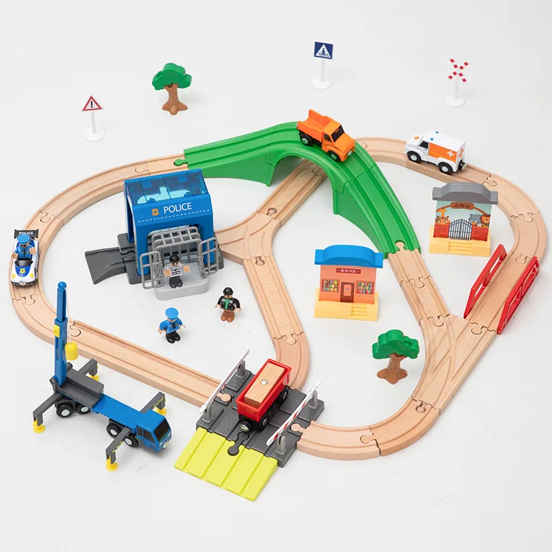 

Wooden Railway Train Track Police Station Set Wooden Track Blocks Accessories Fit for Train Toys for Children Gifts