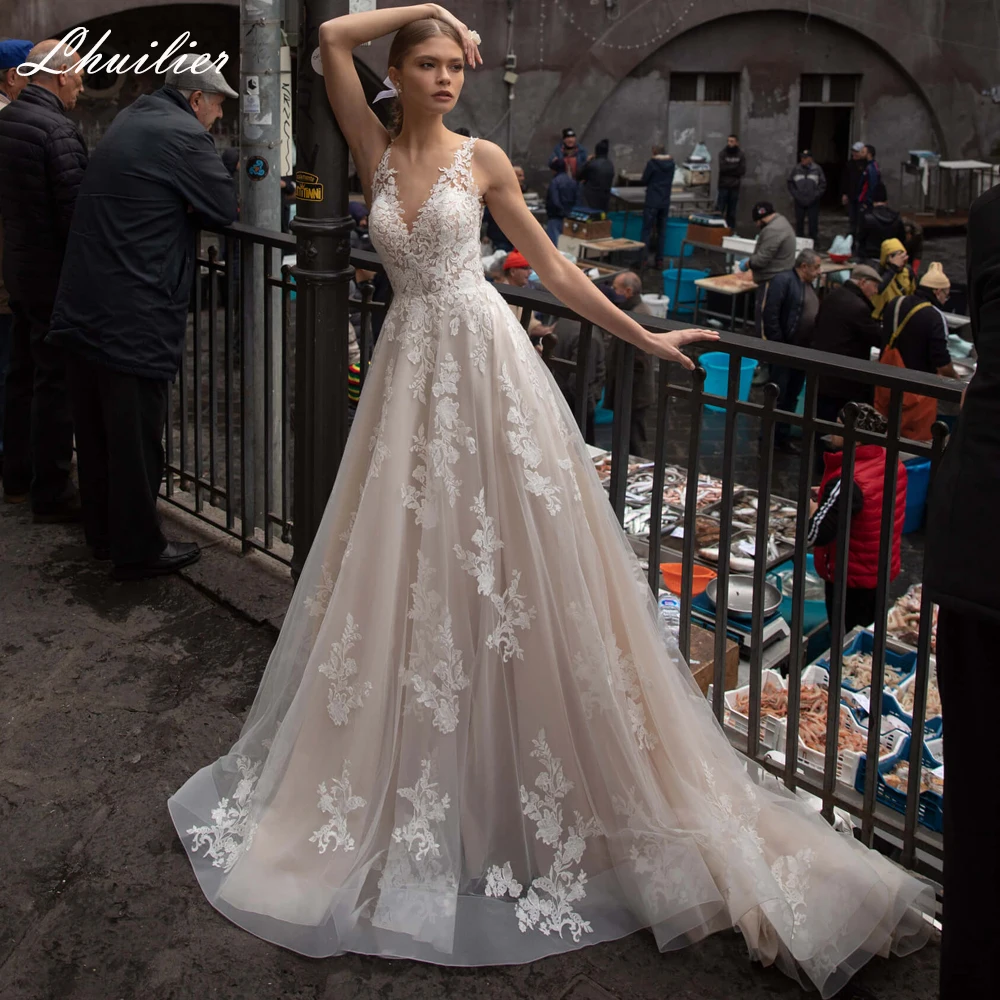 

Lhuilier Customized A-line V Neck Tulle Wedding Dresses Sleeveless Lace Appliques Bridal Dress with Open Back