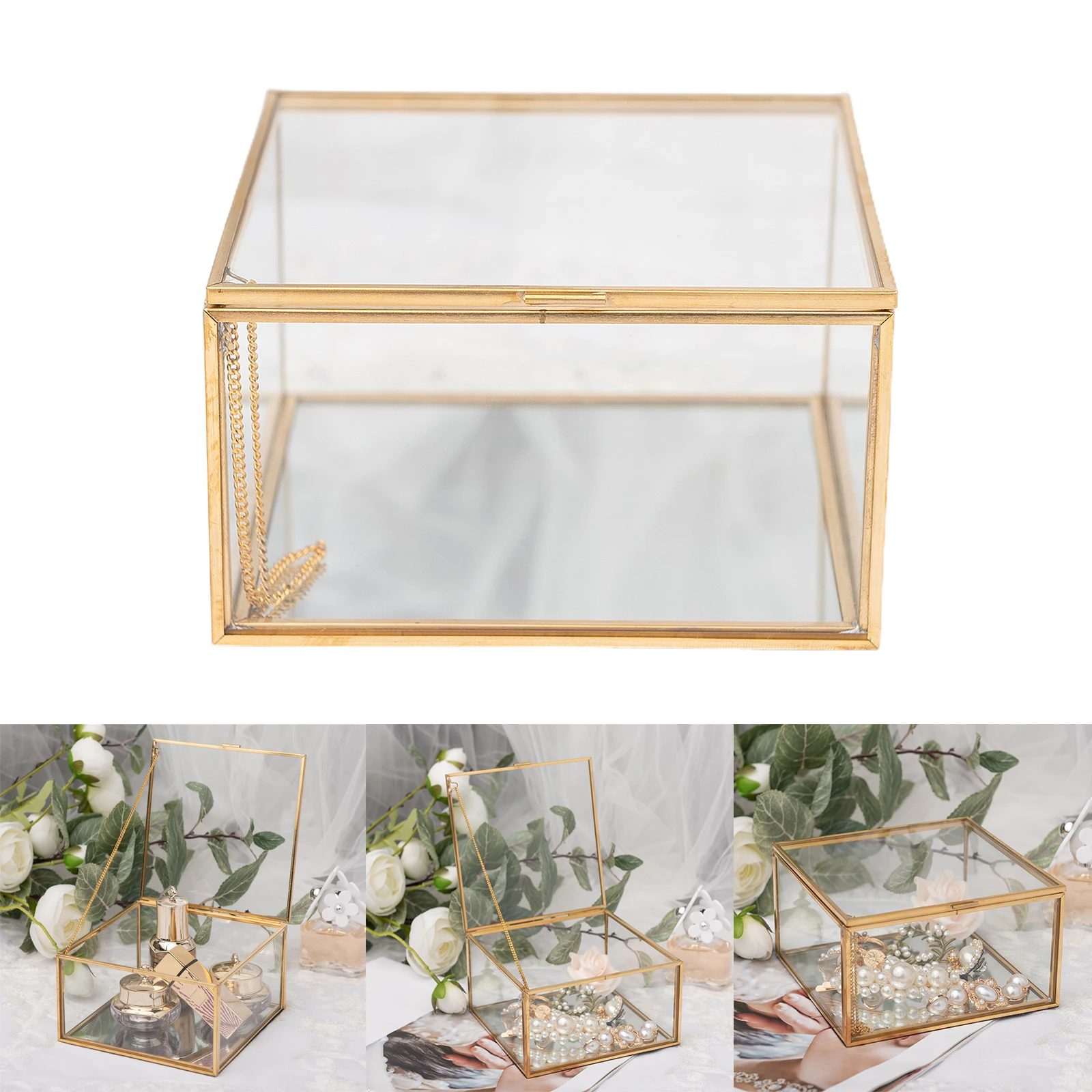 Golden Square Vintage Brass & Clear Glass Decorative Box Home Decor, Small Jewelry Case Box Organizer with Latching Lid 5x5x3\
