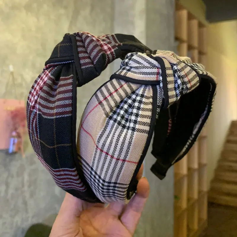 Korea Plaid Stripe Knot opaski dla kobiet wysokiej jakości tkanina Houndstooth klasyczna szeroka opaska na głowę dziewczyny wiązane akcesoria do włosów
