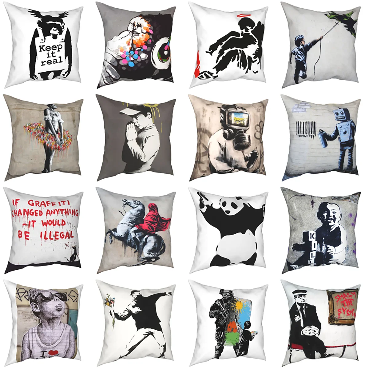 Banksy Graffiti Street Art Pillowcase Cushion Cover Decorations Spray Paint Pop Art Wall Mural Pillow Case Cover Seat 45X45cm