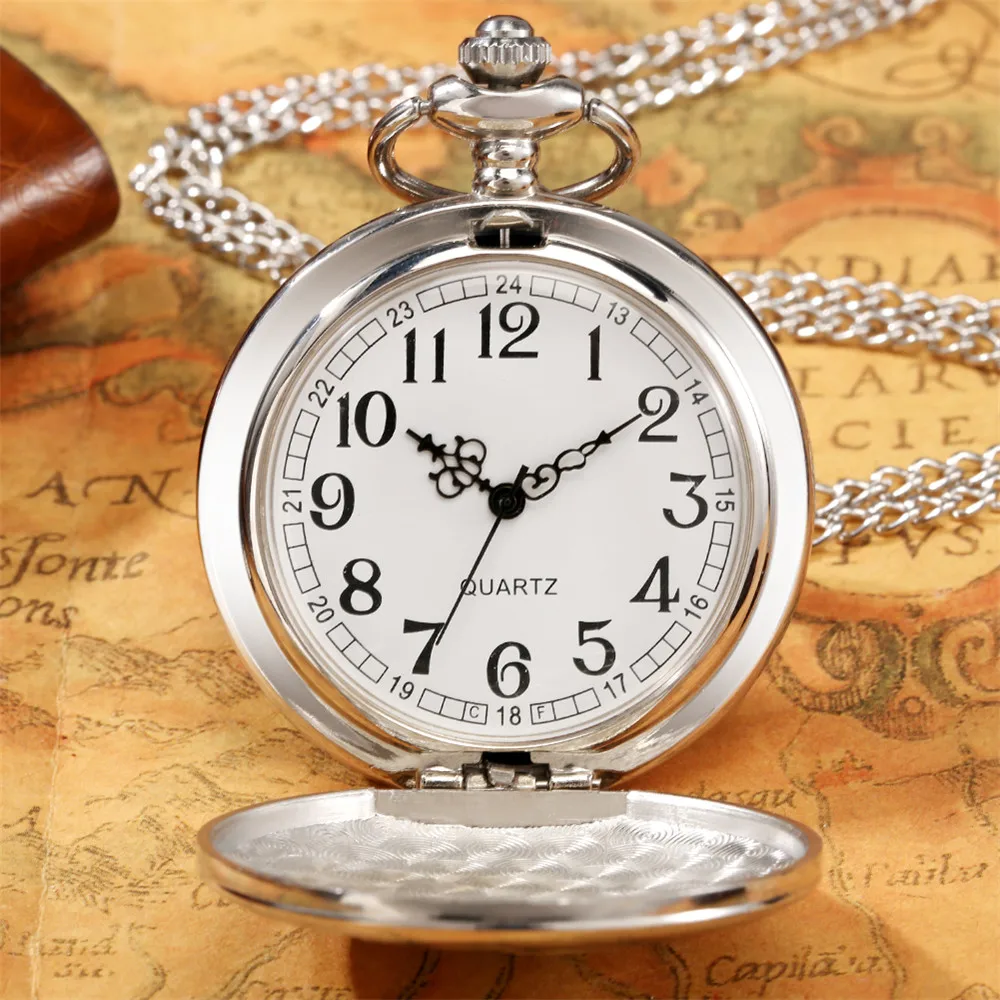 Silver Rope Stripe Pattern Quartz Pocket Watch Vintage Fashion Chain Pendant Clock Arabic Numerals White Dial Antique Timepiece