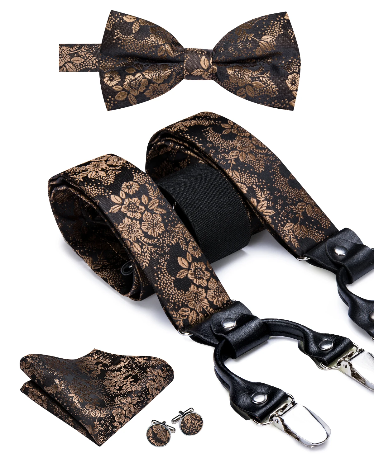 Hi-Tie — Ensemble avec bretelles en soie et attaches en métal pour hommes, 6 clips, modèle floral, doré et marron, style vintage, pour un mariage