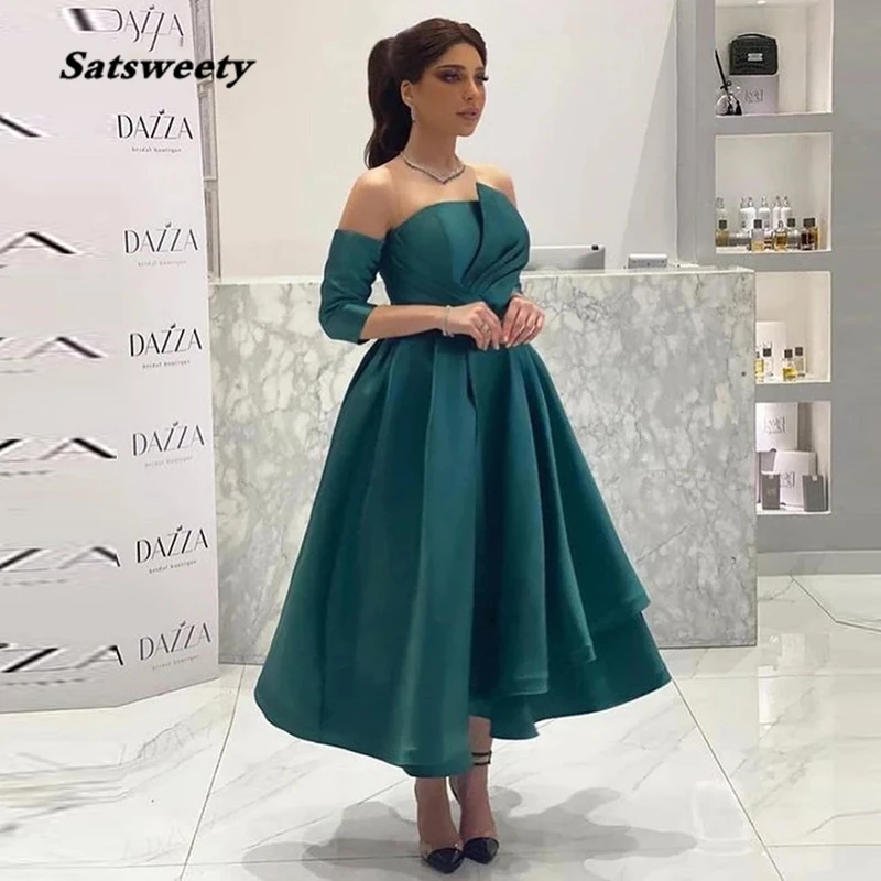 

Simple Dark Green Satin A Line Evening Party Dresses Separate Sleeves Pleats Tea Length Saudi Arabic Formal Prom Gowns