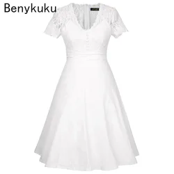 Sexy Deep V Neck High Waist White Lace Patchwork A Line Dress Summer Women Rockabilly Pin Up Casual Evening Party Ladies Dresses