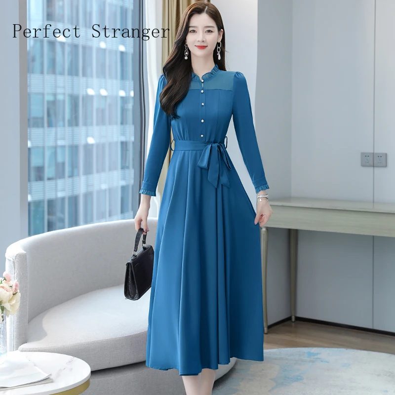 2021 Autumn Winter New Arrival OL Lady Clothing Satin Chiffon Solid Color Long Sleeve  Women Chiffon Long Dress