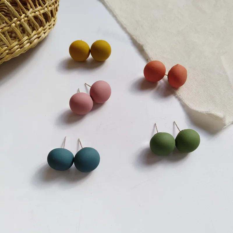 925 Silver Needle Modern Jewelry Ball Earrings Hot Selling Coating Green Yellow Pink Blue Matte Stud Earrings For Girl Student