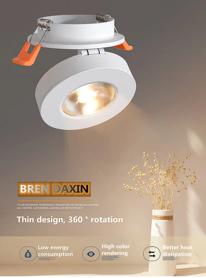 COB Ceiling Recessed Downlight 360degree Rotatable  Dimmable  Slim  90degree Foldable LED Spot Light Indoor lighting