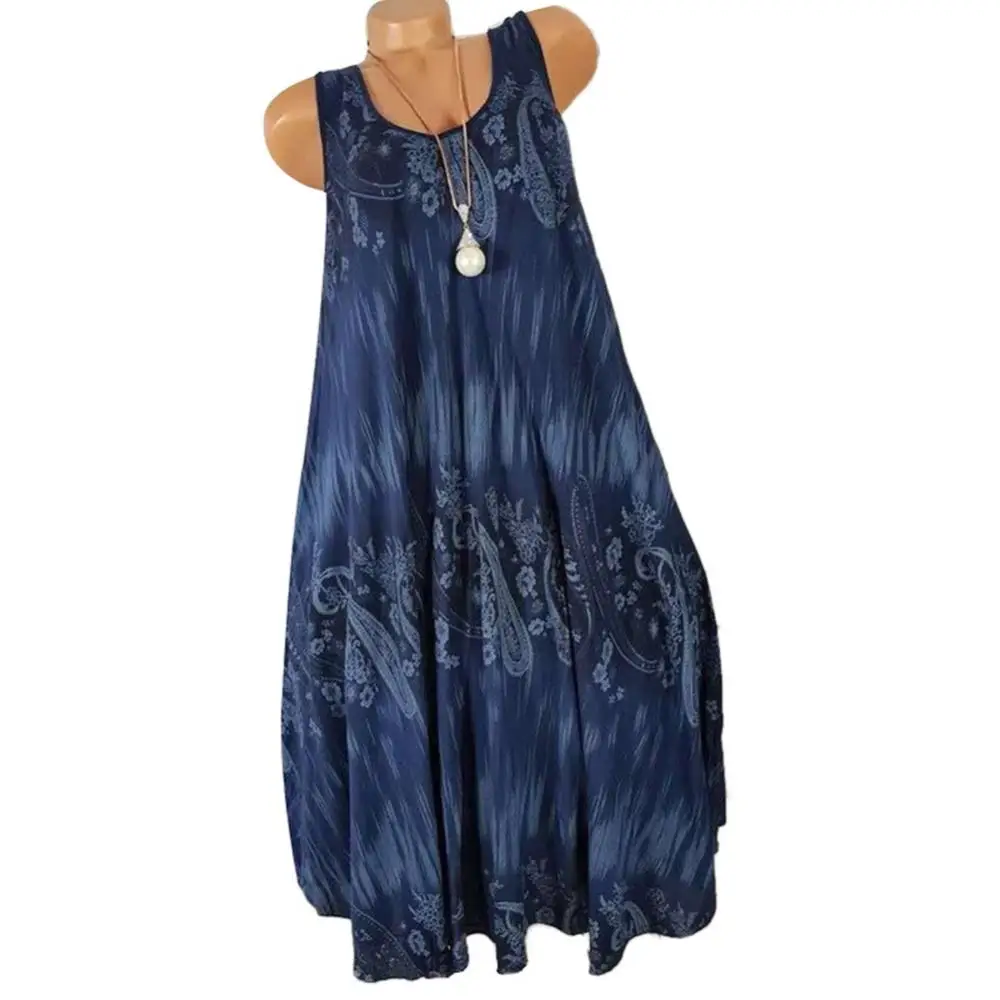 Hot Sales!!! Women Summer Floral Print Round Neck Sleeveless Loose Pleated Plus Tank Dress