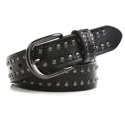 3.2cm Studded Genuine Leather Belt for Women Punk Waistband Luxury Waist Rivet Belts for Jeans Casual Fashion Quality Belts