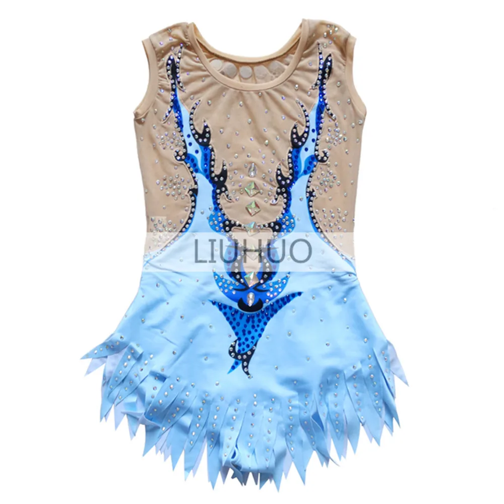 LIUHUO Figure Skating Dress Women's Girls' Ice Performance Rhythmic Gymnastics Competition Blue Leotard Dance SleevelessChildren