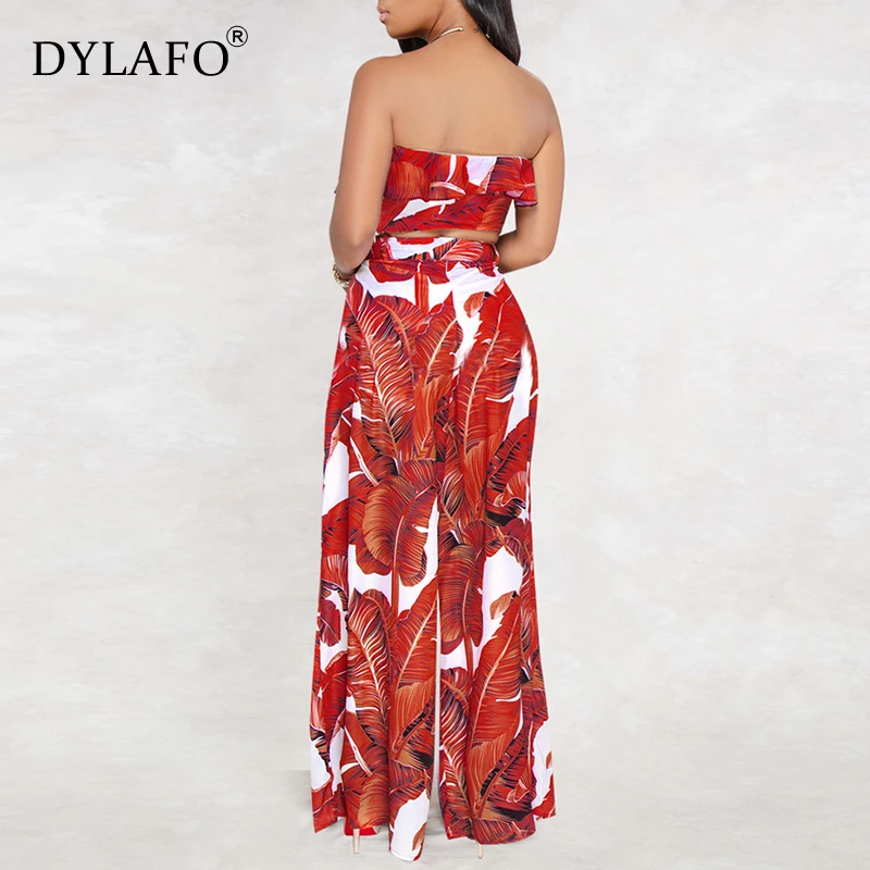 Boho Women Two Piece Set Leaves Print Off Shoulder Ruffles Cropped Top Wide Leg Pants High Waist Slim Sexy Suits Streetwear