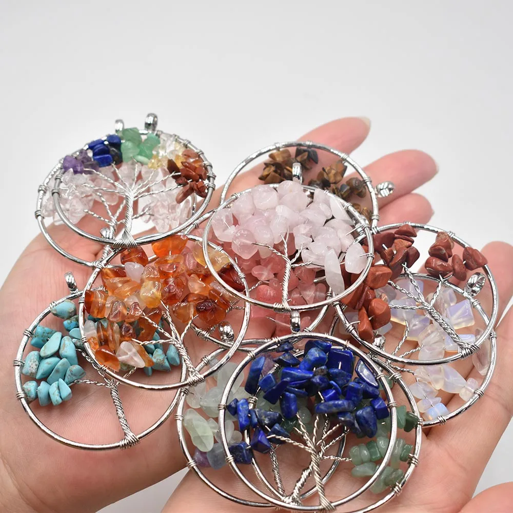 Wholesale 12pcs/lot Mixed Natural Stone Tree Of Life Handmade Wire Color Wire Wrapped Pendants 50mm For Jewelry Marking Free