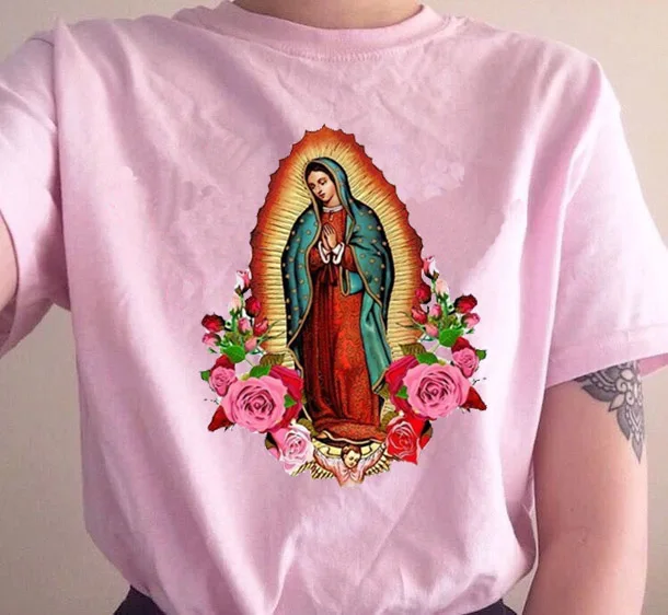 kuakuayu HJN Our Lady Of Guadalupe Saint Virgin Mary With Roses T-Shirt Casual Short Sleeves Christian Tee Catholic Faith Shirt