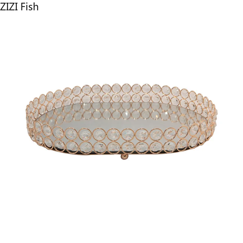 Golden Crystal Mirror Tray Jewelry Storage Box Glass Mirror Cosmetic Rack Desktop Storage Organizing Dishes Wedding Fruit Dish