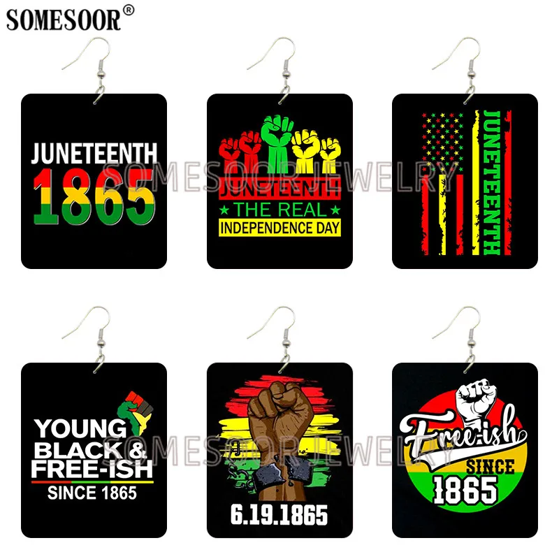 SOMESOOR 2021 New Pattern Juneteenth The Real Independence Day Rectangle Wood Both Sides Print Drop Dangle Earrings For Women